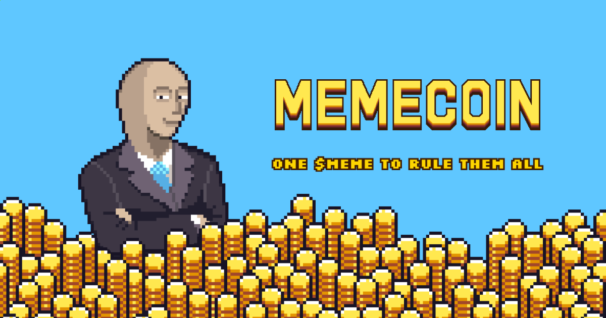 Pixel-art businessman behind coins with Memecoin title and slogan